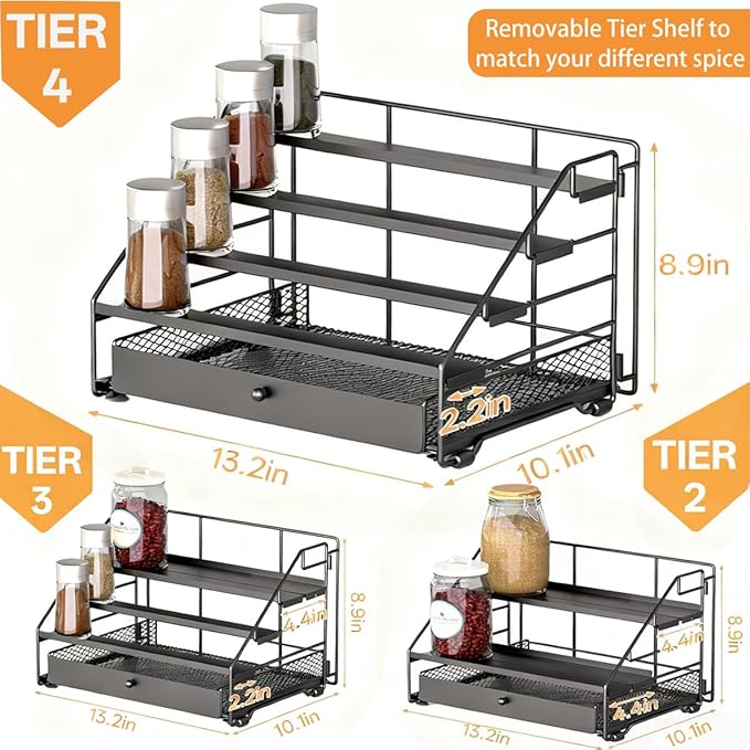 Spice Rack Organizer for Cabinet: 4 Tier Adjustable Spice Rack Organization with Drawer, Depth Metal Shelf for Kitchen Countertop, Cupboard, Pantry, Holds Seasoning and Condiments (Black)