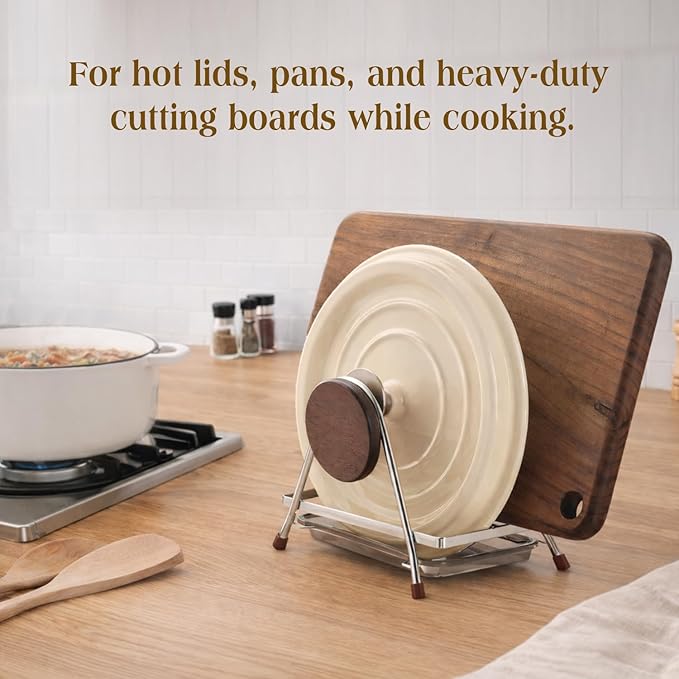 6.5mm Stainless Steel Pot Lid Holder while Cooking, Multifunctional Cutting Board Pan Lid Organizer for Countertop with Beech Wood Accents, Heavy Duty Rack with Nonslip Pads & Removable Drip Tray