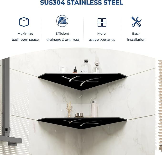 FerdY 2-Pack 10" Matte Black Recessed Corner Shower Shelf, for Tiled Bathroom Walls, Floating Shower Shelf, 304 Stainless Steel Shower Caddy Storage Shelves, No Drilling Required, Irregular Diamond