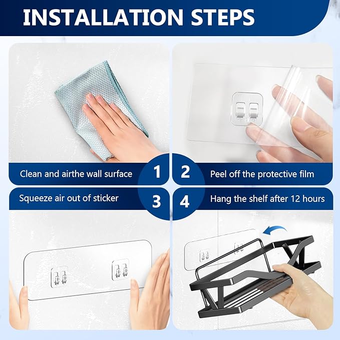 HAOBAOBEI 9-Pack Shower Caddy Adhesive Replacement, Transparent Adhesive Hooks Stickers, Strong Hook Strip for Shower Caddy Basket Shelf, Soap Holder, Bathroom Storage Corner Shelves, Kitchen Racks