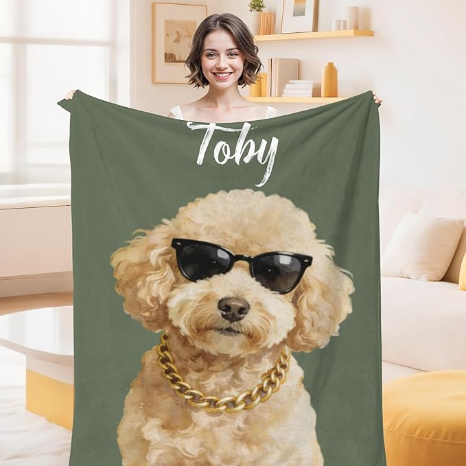 Custom Pet Portrait Blanket Personalized Fleece Throw Blankets with Dog Cat Watercolor Photo & Name Cute Cozy Soft Warm Unique Gift Ideas for Pets Lover Dog's Dad Mom
