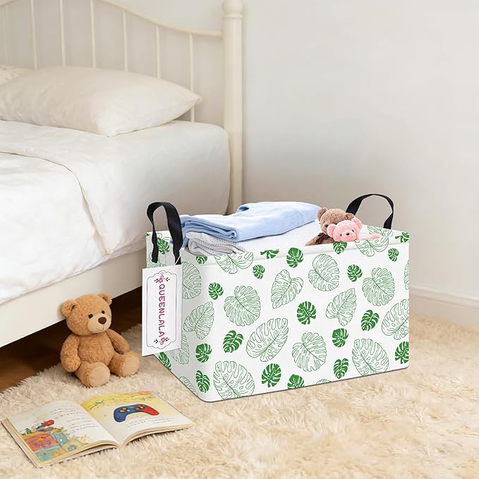 QUEENLALA Rectangular Laundry Hamper/Foldable Nursery Laundry Basket for Organizing/Storage Bin Baskets/Children Toy Office Bedroom/Toy Bin Closet Shelf Baskets (Rec-Green Leaf)