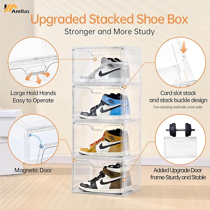 Amllas 8 Pack Shoe Boxes Clear Plastic Stackable, Large Shoe Storage Organizer with Lids,Drop Side Shoe Containers for Entryway,Sneaker Storage Fit up to US Size 13 (13’’x 10.6”x 8.3”)