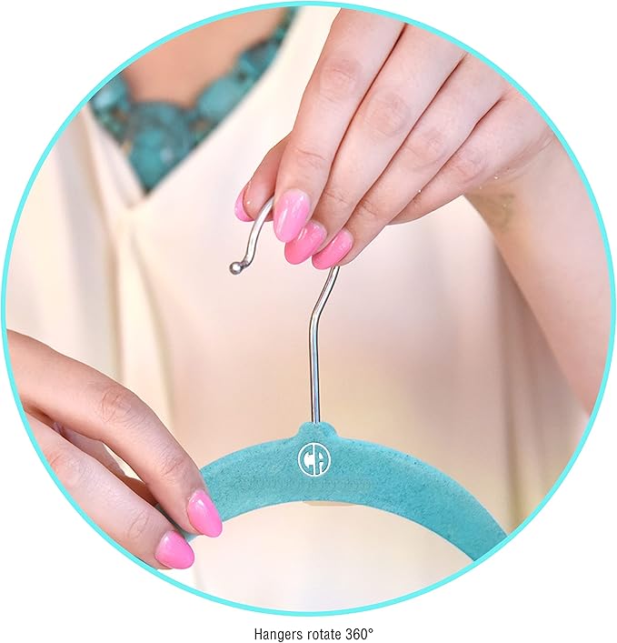 Velvet Hangers, Non-Slip Ultra Slim Space Saving Hanger, with notches, tie bar, and Swivel Hooks, 30 Pack, with Bonus 20 Matching Velvet Finger Clips. Blue (Aqua)