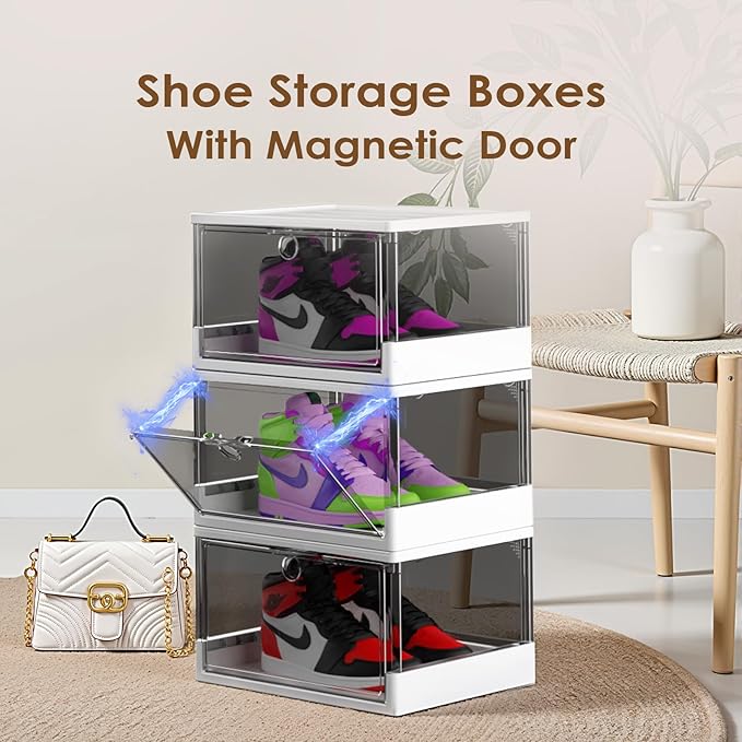 Thicken & Sturdy Clear Shoe Boxes with Magnetic Door, 3 Pack Stackable Multi-functional Shoe Storage, Shoe Organizer for Closet, Space Saving, 360 ° Dustproof & Moisture-proof, Fits Up to US Size 13
