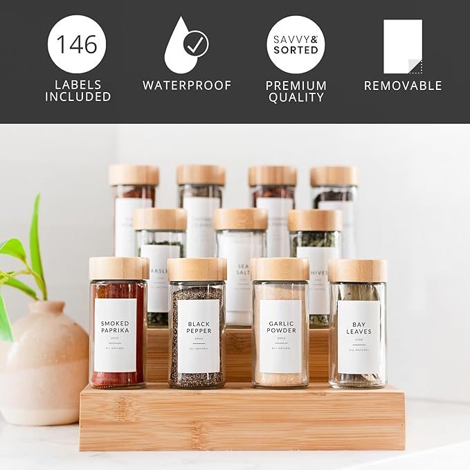 Minimalist Spice Labels for Spice Jars - 146 Spice Jar Labels Stickers for Containers, Waterproof Spice Stickers Preprinted - Spice Organising Herb Seasoning Kitchen Pantry Organization