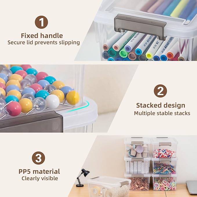 Citylife 8 Packs Small Storage Bins 1.3 QT Plastic Storage Container Stackable Box with Lids for Organizing, Clear White