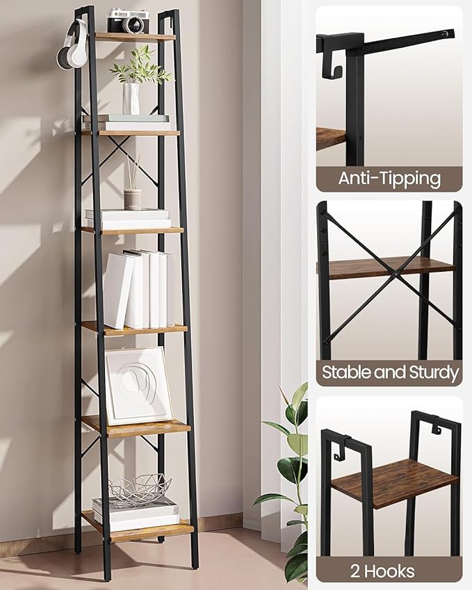 Ladder Shelf, Bookshelf Bookcase, Freestanding Corner Storage Shelve with 2 Hooks for Home Office, Living Room, Kitchen, Bedroom, Industrial, 11.8"D x 13.4"W x 72.8"H, Rustic Brown BC13301B