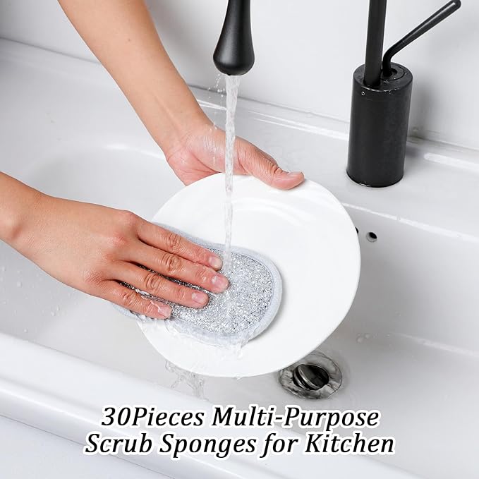 30 Pack Multi Purpose Scrub Sponges Non Scratch Microfiber Sponge Cleaning Dish Scrubber Reusable Dish Sponges for Washing Dishes Along with Heavy Duty Scouring Power