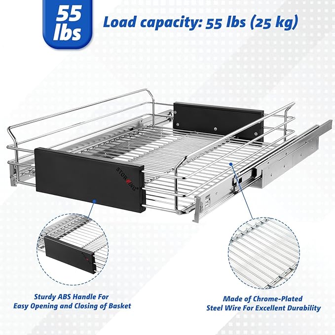 STORKING Expandable Pull Out Cabinet Organizer, Slide Out Drawers for Kitchen Cabinets, Heavy Duty Storage Drawers, Chrome Plated Cabinet Wire Shelf, Adjustable Width 12.5~20.2" W x 17.3" D