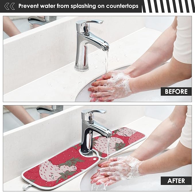 Sink Faucet Absorbing Mat Kitchen Sink Splash Guard Splash Faucet Drip Catcher for Bar RV Bathroom 2PCS 23.6x5.5in Pink White Strawberries Flowers