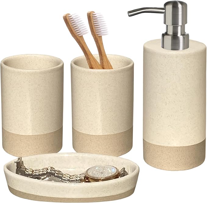 Bathroom Accessories Set 4, Beige Soap Dispenser for Bathroom, Toothbrush Holder,Tumbler Cup and Soap Dish, New Apartment Essentials, Modern Beige Bathroom Décor (Rustic)