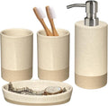 Bathroom Accessories Set 4, Beige Soap Dispenser for Bathroom, Toothbrush Holder,Tumbler Cup and Soap Dish, New Apartment Essentials, Modern Beige Bathroom Décor (Rustic)