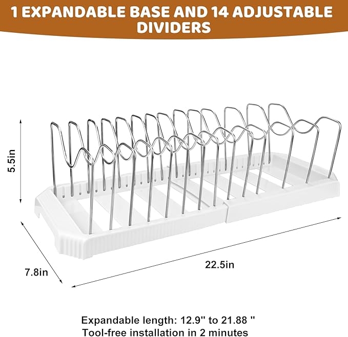 Expandable Pot Rack Organizer, 12 Adjustable Compartments, Pot and Pan Organizer Rack for Cabinet with Cup Brush Dividers, 13 -22" Wide Adjustable Pan Organizer - Pantry Countertop Storage (White)