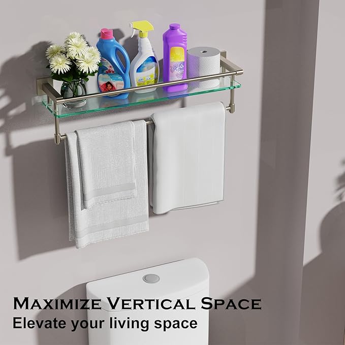SFGSOWOR 24-Inch Modern Wall-Mounted Bathroom Glass Shelf with 1 Shelf, Brushed Nickel, 1 Towel Bar, 45 lbs Weight Capacity