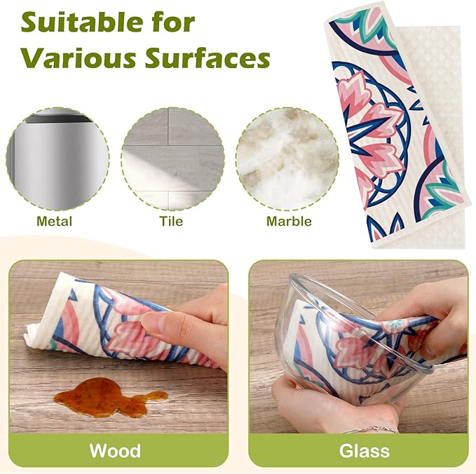 6 Packs Swedish Paper Cloths for Kitchen, Reusable Paper Towels Washable Dish Rags, Highly Absorbent Kitchen Towels Quick Drying Swedish Sponge Cleaning Dish Cloths(Pink Six-Petal Floral)