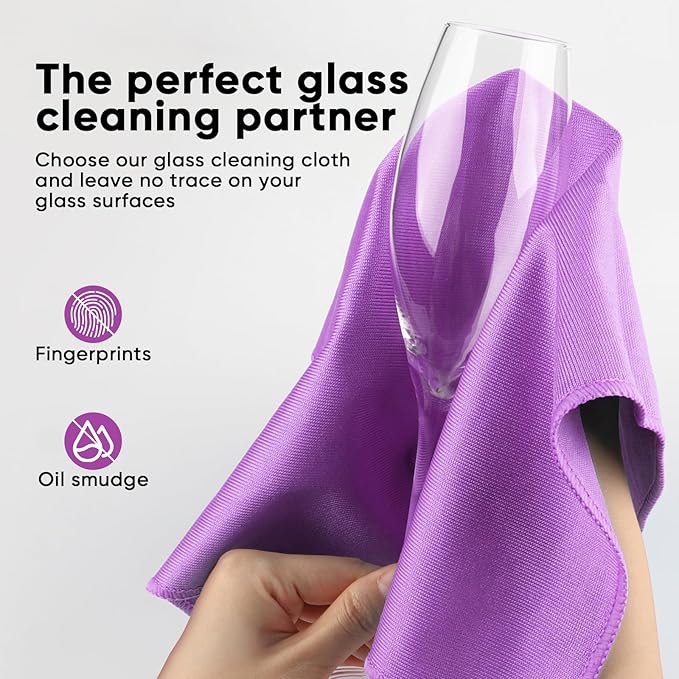 HOMEXCEL Microfiber Glass Cleaning Cloth 12 PK, Lint Free Streak Free, Reusable Magic Cleaning Cloth for Cleaning Windows, Glasses, Mirrors, Screens, Stainless Steel, and More Purple-12”×12”