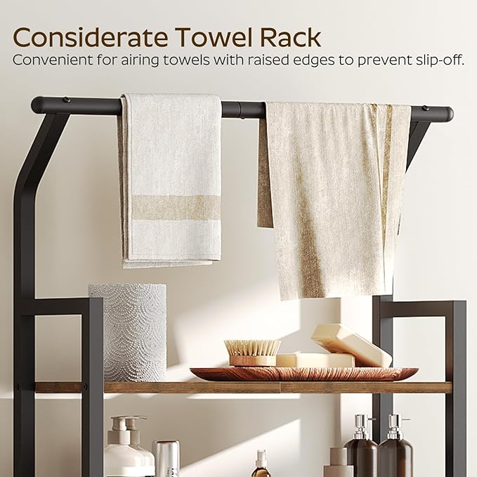 2-Tier Over The Toilet Storage, Multifunctional Vertical Over Toilet Bathroom Organizer, Freestanding Bathroom Storage Shelves with Hooks, Bathroom Organizer, Rustic Brown and Black TR01BR