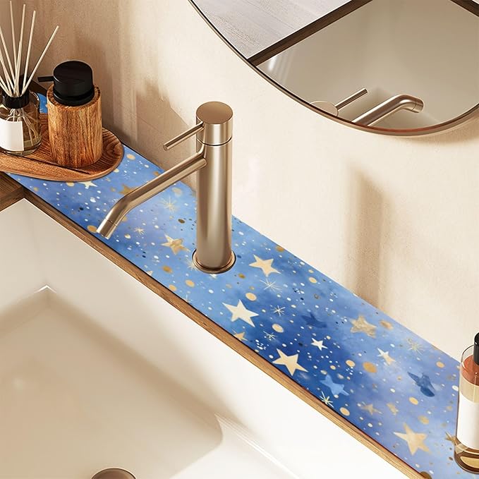 Blue Romantic Golden Stars Gradient Kitchen Sink Splash Guard Sink Faucet Mat Faucet Handle Drip Catcher Drain Mats for Kitchen Bathroom Countertop Absorbent Dish Drying Pad 2Pac