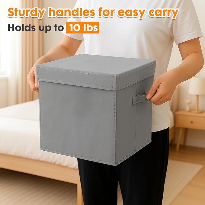 ShellKingdom Storage Bins, Foldable Fabric Storage Cubes with Lid, Clothes Storage Organizer Drawer For Closet Toys Storage, 13 X 13 X 13 INCH, 2 Pack (Grey)