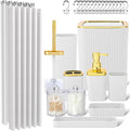 White Bathroom Set, 23 PCS White Bathroom Accessories Set with Shower Curtains, Trash Can, Toothbrush Holder, Soap Dispensers, Toothbrush Cup, Vanity Tray, Soap Dish, Toilet Brush, Qtip Holders
