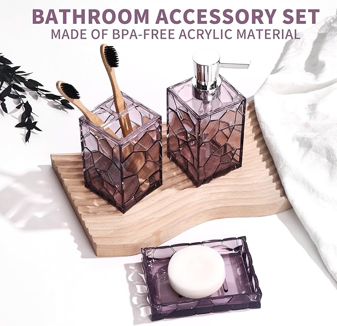 Lavender Purple Bathroom Accessories Set with Toothbrush Holder, Soap Dispenser, Tumbler, Soap Dish, Purple Bathroom Decor,Acrylic (Purple-4pcs)