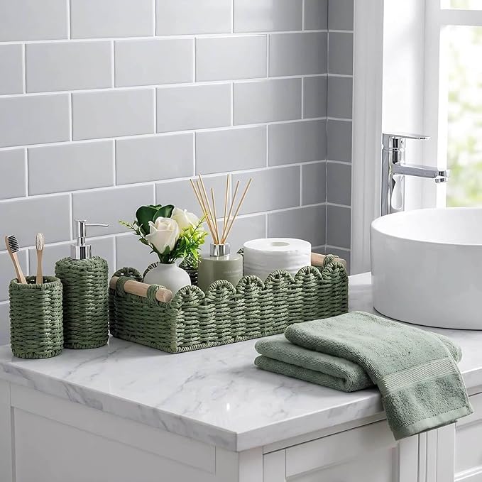 CubesLand Toilet Paper Storage Basket Scalloped Edge Home Decor Green Basket, Living Room Cozy Decor, Paper Rope Small Baskets for Over Toilet Storage Shelf, End Table, Shelves, with 2 Wooden Handles