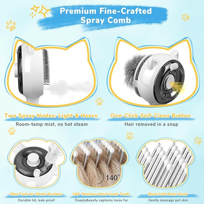 Pet Spray Brush for Cat & Dog, Hair Health & Grooming Set Includes 100ml Waterless Shampoo, Nail Clippers, Toothbrush, Comb, Cat Scratcher with Catnip, Disposable Cleaning Supplies, Gift-Set