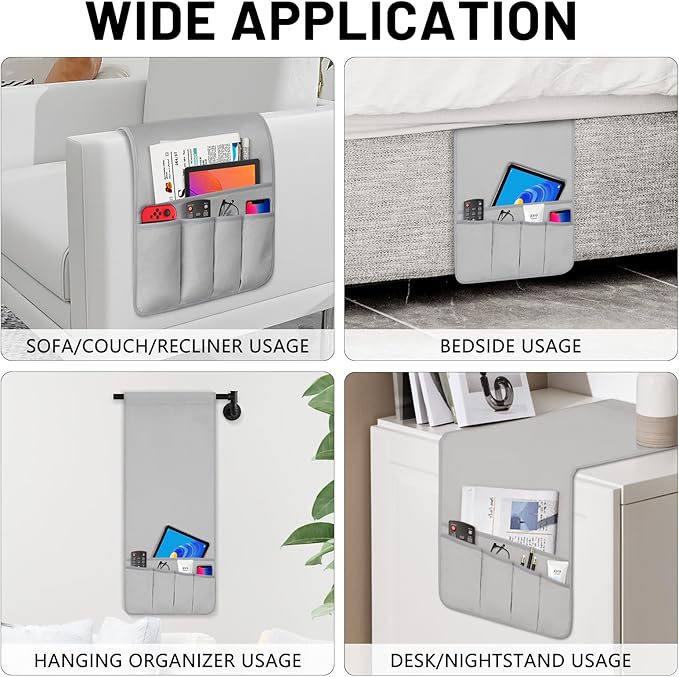 WETRBWEH Remote Control Holder for Armchair, Couch Caddy Organizer TV Remote Holder for Bed Storage 5 Pockets, Remote Caddy Bedside Organizer Bedside Table Organizer (LightGray, 35"x12.4")