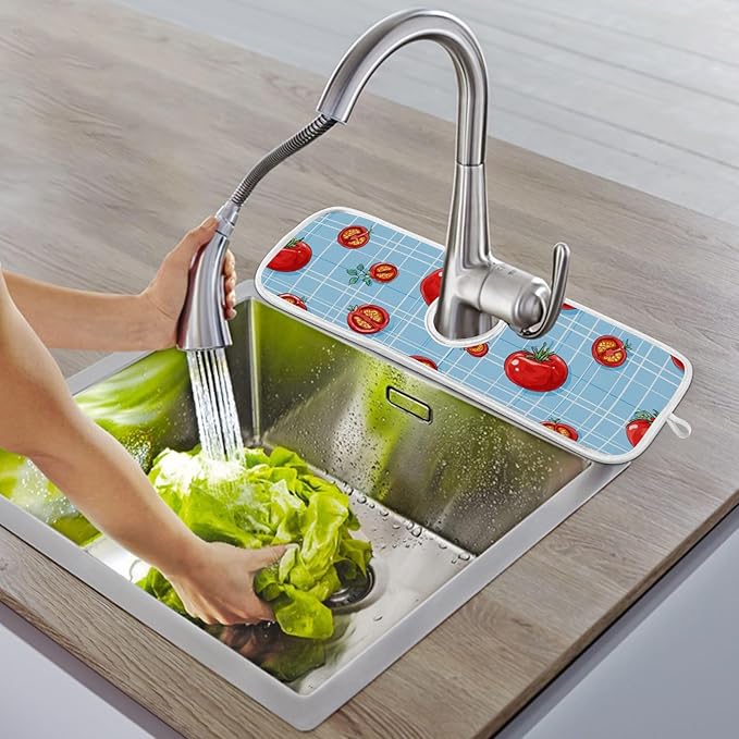 Sink Faucet Absorbing Mat Kitchen Sink Splash Guard Splash Faucet Drip Catcher for Bar RV Bathroom 2PCS 14.9x5.5in Green Grid Cute Tomato