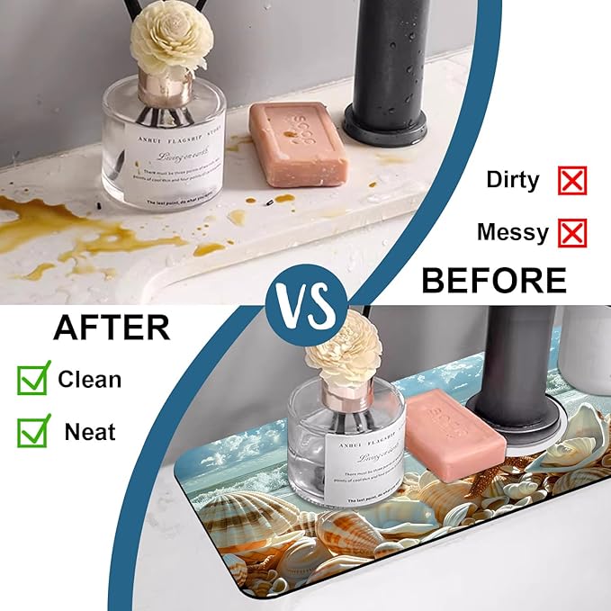 Beach Kitchen Sink Splash Guard Faucet Mat Shells Starfish Waves Super Absorbent Fast Drying Mat Sink Splash Guard Behind Faucet for Kitchen Bathroom, 15.5"x5.5"