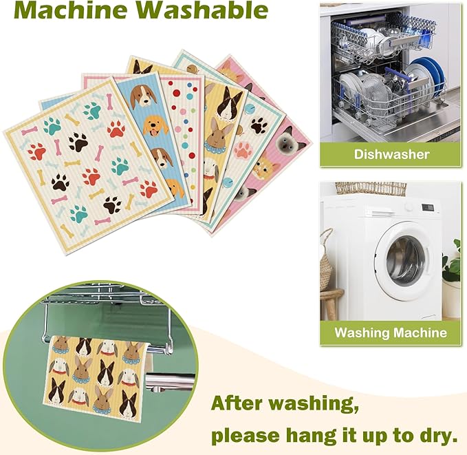 6 Packs Swedish Paper Cloths for Kitchen, Reusable Paper Towels Washable Dish Rags, Highly Absorbent Kitchen Towels Quick Drying Swedish Sponge Cleaning Dish Cloths(Dogs Feet)