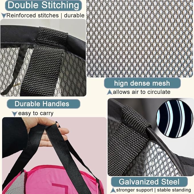 Pack of 2 Mesh Pop Up Hampers Collapsible Laundry Baskets for Dirty Clothes Storage With Side Pocket for Students, College Dorm, Apartment (Grey+Pink)