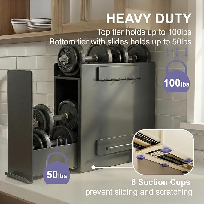 2 Tier No Assembly Pull Out Spice Rack Countertop, Sliding Drawer Seasoning Condiments for Tall Bottles, Steel Kitchen Organizer with Magnetic Panels with Paper Towel Holder and 4 Hooks