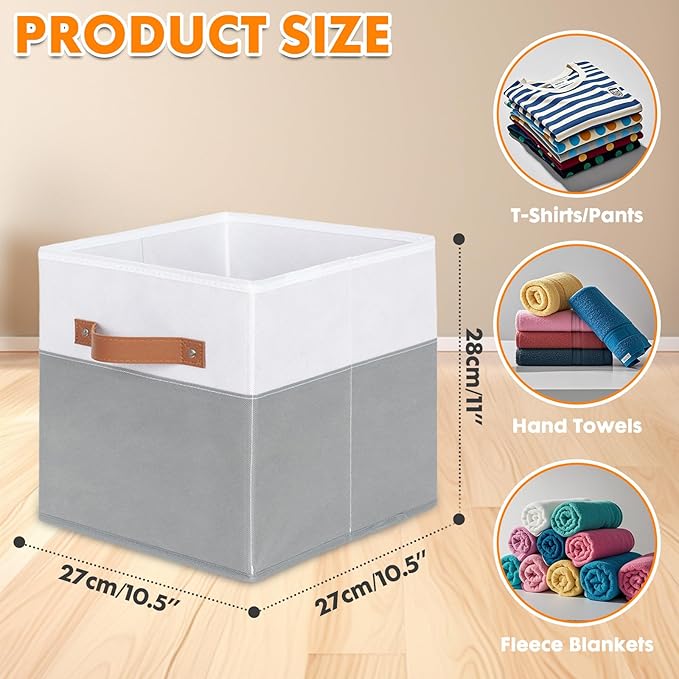 ShellKingdom Storage Bins, Two-Tone Foldable Fabric Storage Cubes with Leather Handle for Closet Toys Clothes Storage Organizer Drawer, 10.5 X 10.5 X 11 inch, 2 Pack (White/Grey)