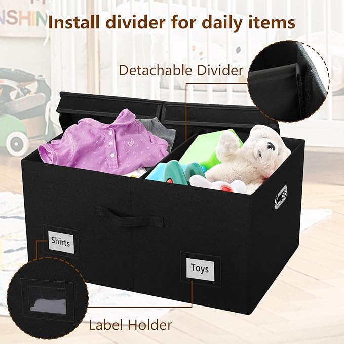 Graciadeco 75 Quarts Extra Large Decorative Storage Bins with Lids, 3 Packs Black Collapsible Storage Bins with Lids, Stackable Storage Bins Decorative Box Storage With Lid Extra Large
