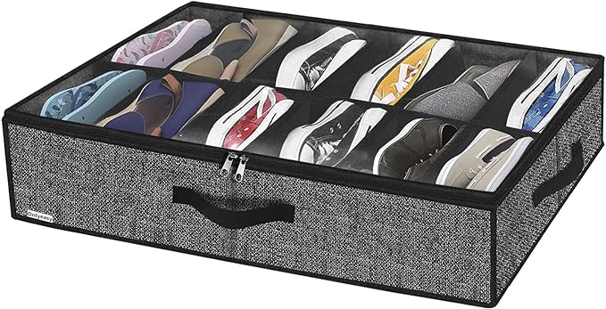 Onlyeasy Under Bed Shoe Storage Organizer with Sturdy Handles and Clear Window 1 Pack Fits 12 Pairs, Premium Foldable Underbed Shoes Container Box for Closet, Linen-like Black, MXAUBSB1P
