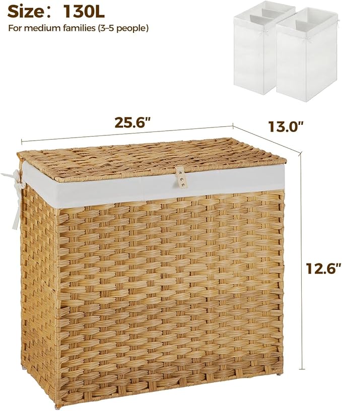 Greenstell Laundry Hamper with Wheels&Lid, 130L Large 3 Sections Clothes Hamper with 2 Types Removable Liner Bags, 5 Mesh Laundry Bags, Handwoven Divided Laundry Basket for Clothes, Natural