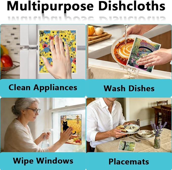 6Pcs 6 Styles Swedish Dishcloth Bulk Reusable Quick Drying Absorbent Sponge 7.7 x 6.8 Inch for Kitchen Countertop Cleaning, Cat Swedish Dish Towel for Dishes Home Tableware Bathroom Use