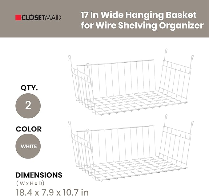 ClosetMaid 17 Inch Wide Hanging Basket Wire Shelving Accessory for Closet Shelves, Pantry Organizer, Kitchen, and Bathroom Storage, 2 Pack, White