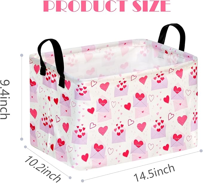 Empty Gift Basket for Girls Heart Print Storage Cube for Women, Closet Shelf Waterproof Organizer Bins with Handles Nursery hamper Kids Toys Books Box Room Deco