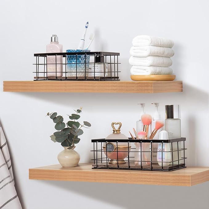 ROSE BLOOM Small Metal Wire Storage Basket, Decorative Wood Base Organizer Bins for Bathroom, Kitchen, Laundry Room, Pantry, Basket for Toilet Paper, Fruits, Spices（1 Pack