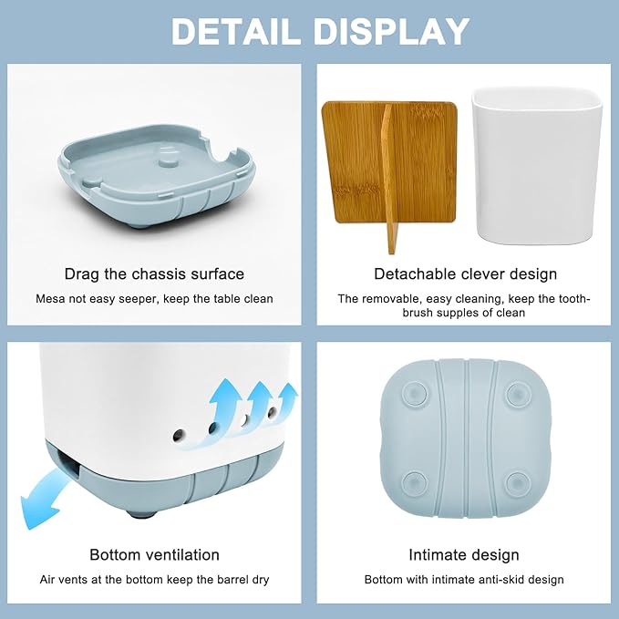 Toothbrush Holder with Bamboo Divider,Detachable for Easy Cleaning Bathroom Countertop Organizer,Plastic 3 Slots Electric Toothbrush and Toothpaste Holders Storage Caddy for Bathroom Vanity,Sink-Blue