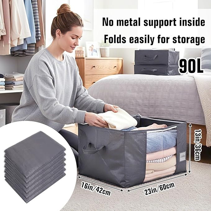 YGEOMER 90L Large Storage Bags 6 Pack Foldable Heavy Duty Blanket Clothes Storage Containers for Closet, Clothing, Comforters, Bedding, Bed Sheets, Pillows and Toys Organizers