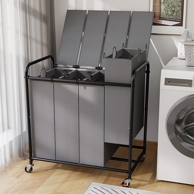 4-Compartment Laundry Cart with Lockable Wheels & Lid 180L Large Wheeled Laundry Basket Heavy-Duty Sorting Organizer for Laundry Room (Grey)