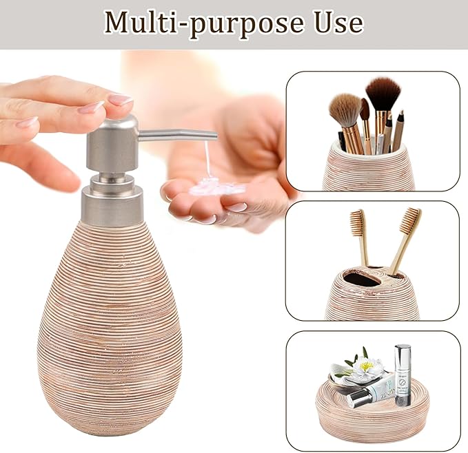 CERBIOR Bathroom Accessories Set,4 Pcs Ceramic Bathroom Decor Accessory,Includes Toothbrush Holder, Toothbrush Cup, Soap Dish for Decorative Countertop and Housewarming Gift(Brown 4pcs)