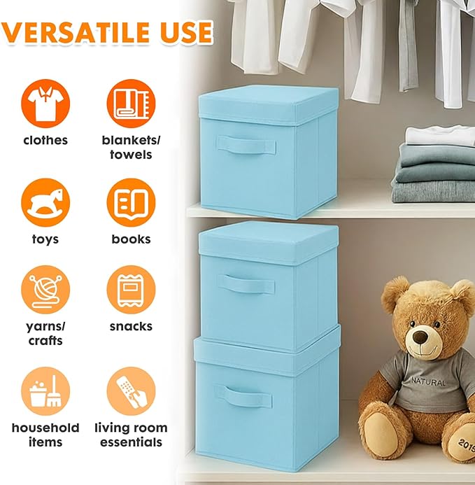 ShellKingdom Storage Bins, Foldable Fabric Storage Cubes with Lid, Clothes Storage Organizer Drawer For Closet Toys Storage, 13 X 13 X 13 INCH, 2 Pack (Light Blue)