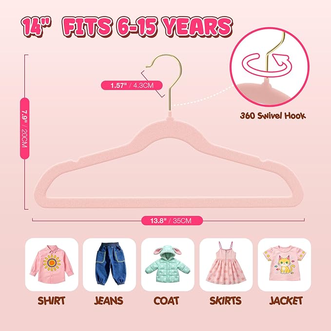 Korpai 50 Pack Kids Velvet Hangers 14 Inch, Non-Slip, Ultra Slim,Space-Saving Kids Hangers with 360° Swivel Hook, 7LBS Capacity, Kids Clothes Hangers Ideal for Childrens' Dresses/Shirts/Coats,Pink