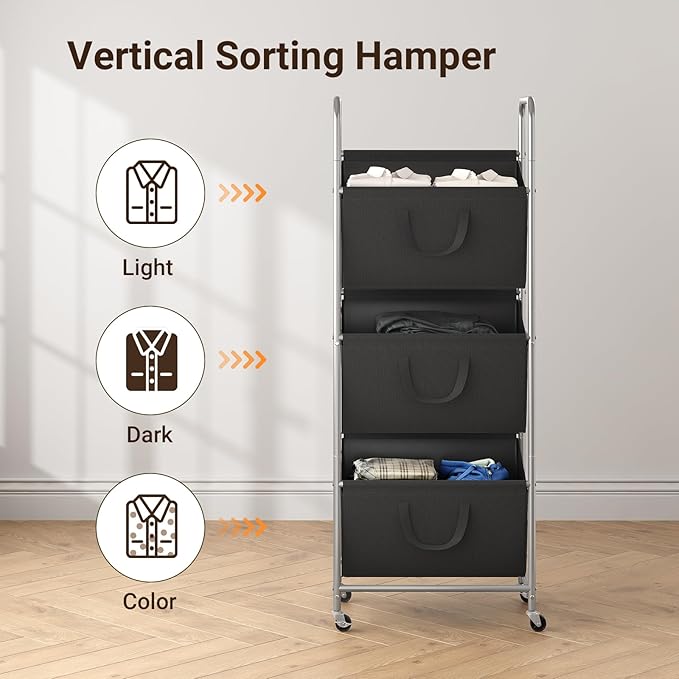 ELYKEN 120L Vertical Rolling Laundry Hamper with Removable Bags, 3 Section Laundry Baskets with Wheels, Space-Saving 3 Tier Laundry Sorter for Small Spaces, Dorm, Bedroom, Bathroom, Laundry Room