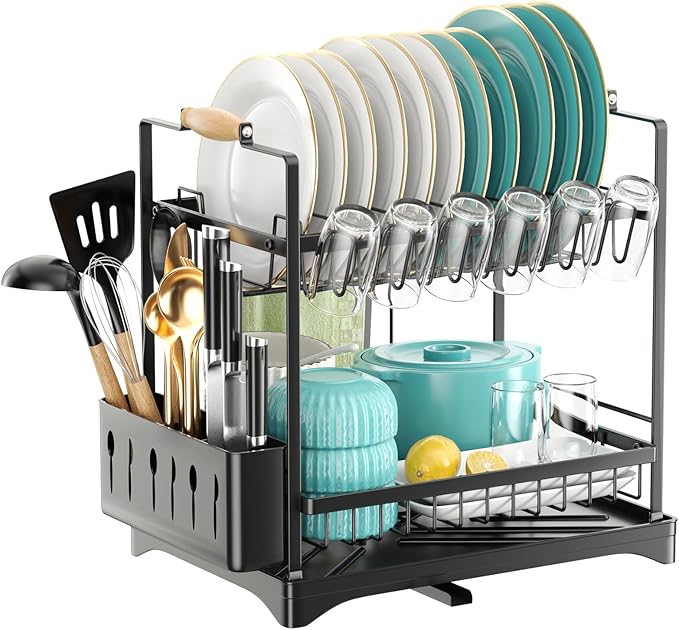 Housmile Dish Drying Rack, Large-Capacity Dish Rack for Kitchen Counter, Stainless Steel Dish Drainer, 2-Tier Drying Rack Kitchen Adjustable Height for Dishes, Knives, Spoons, and Forks, Black
